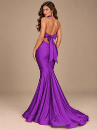 Pink Halter Deep V-Neck Ruched Mermaid Prom Dress