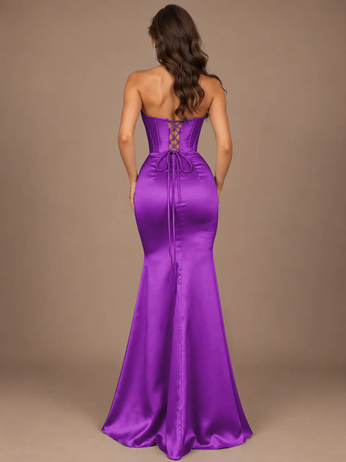 Dusty Blue Strapless Lace Corset Prom Dress with High Slit