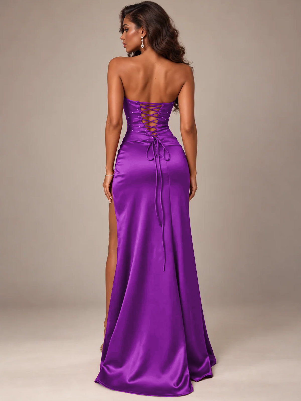 Burgundy Strapless Sparkly Corset Prom Dress with High Slit