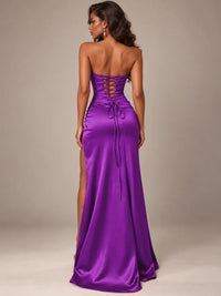 Burgundy Strapless Sparkly Corset Prom Dress with High Slit
