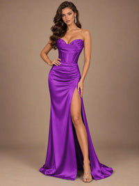 Dusty Blue Strapless Lace Corset Prom Dress with High Slit
