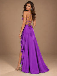 Burgundy Spaghetti Strap Ruched Prom Dress with Ruffled High Slit