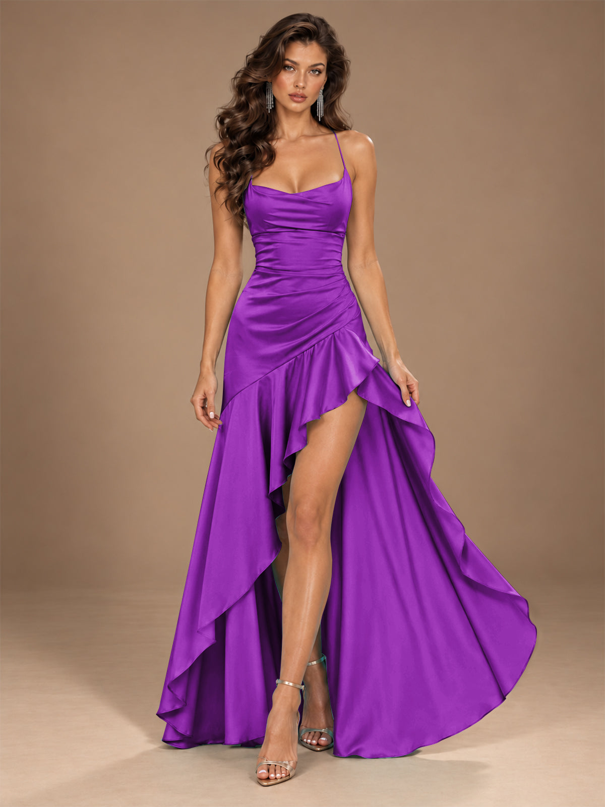Burgundy Spaghetti Strap Ruched Prom Dress with Ruffled High Slit