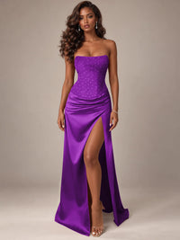 Burgundy Strapless Sparkly Corset Prom Dress with High Slit