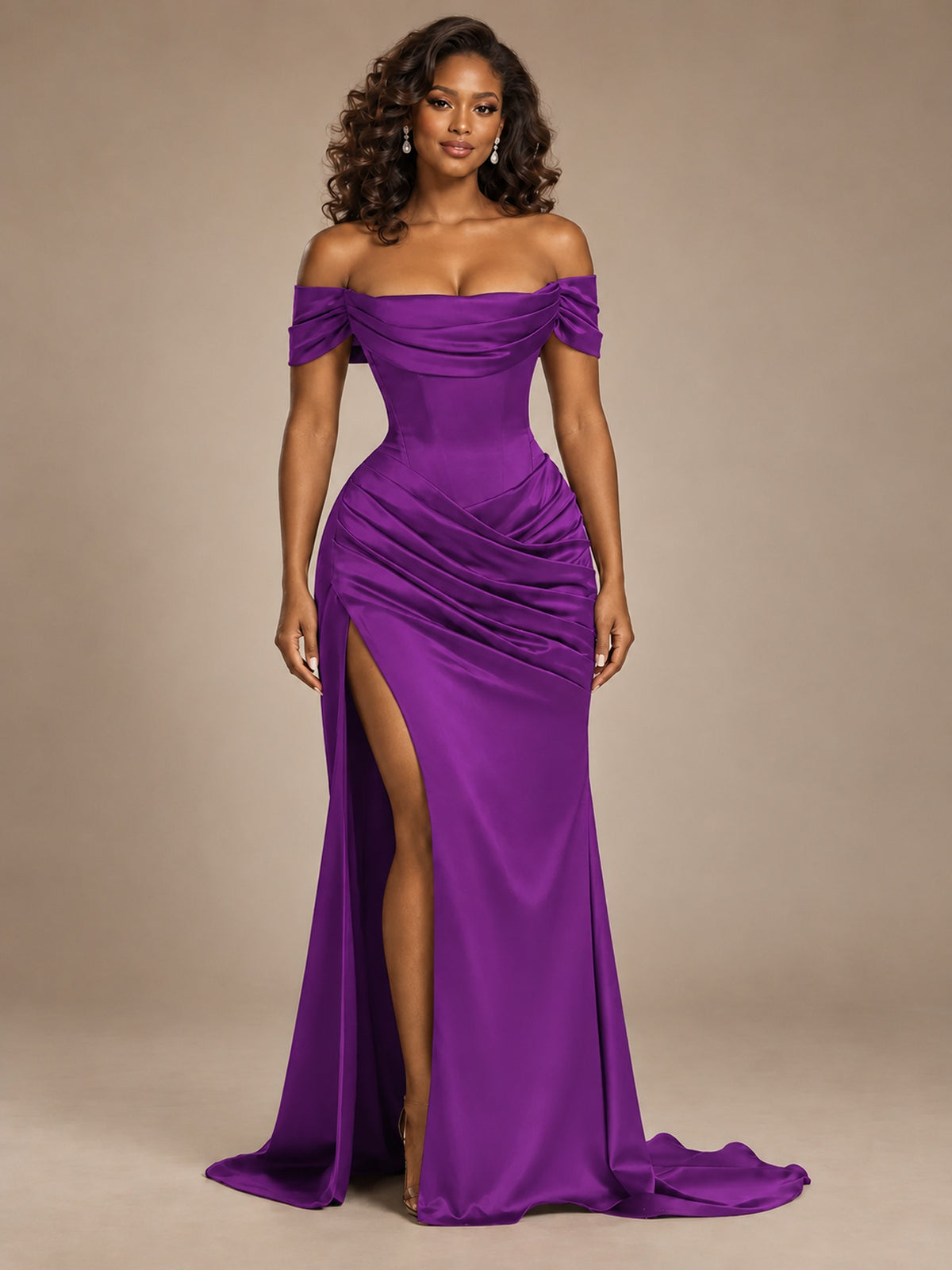 Burgundy Off-the-Shoulder Satin Corset Prom Dress with Slit