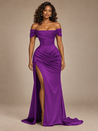 Burgundy Off-the-Shoulder Satin Corset Prom Dress with Slit