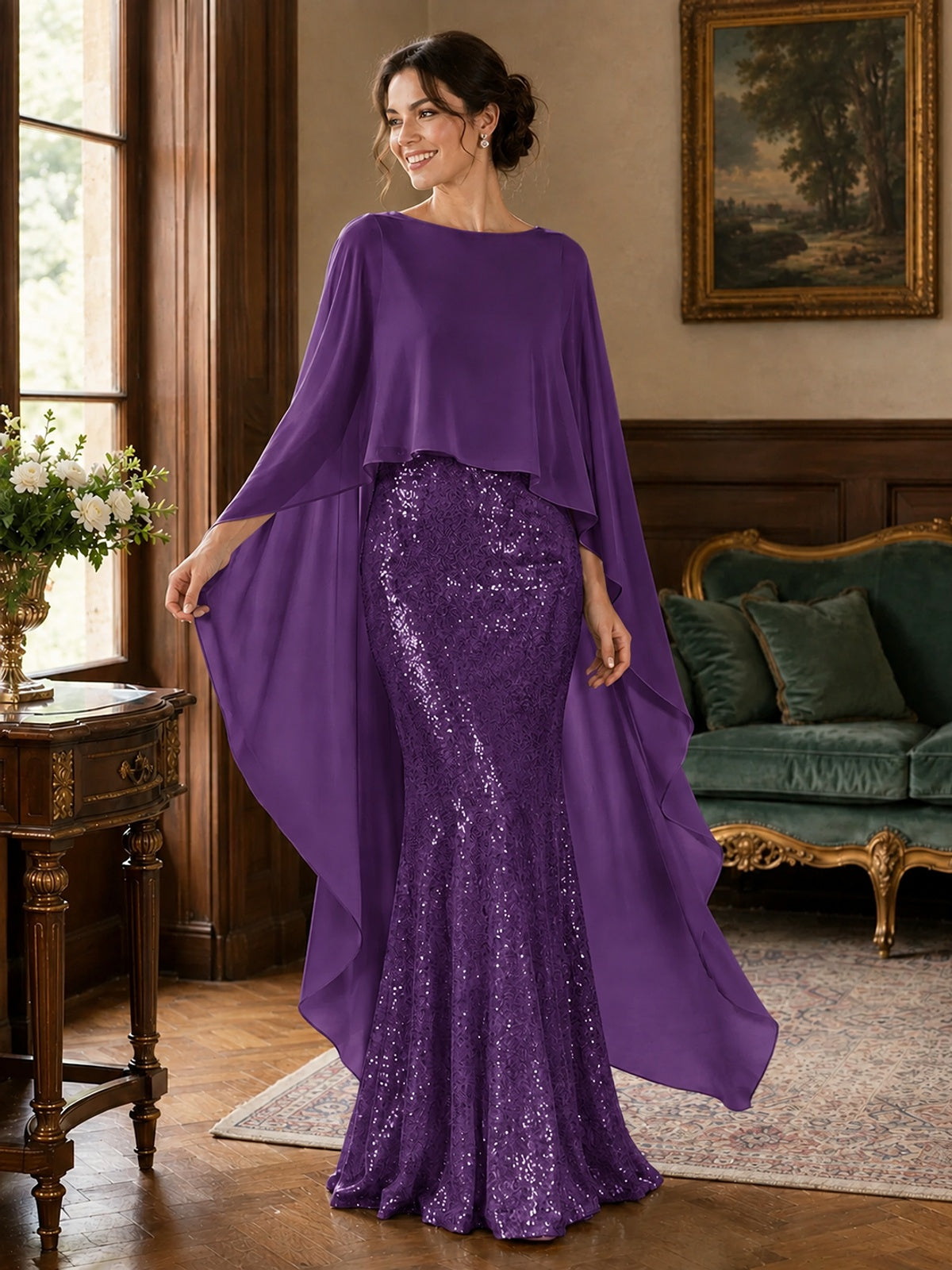 Sequin 2 Pieces Mother of the Bride Dress with Cap Sleeves Chiffon Formal Gowns