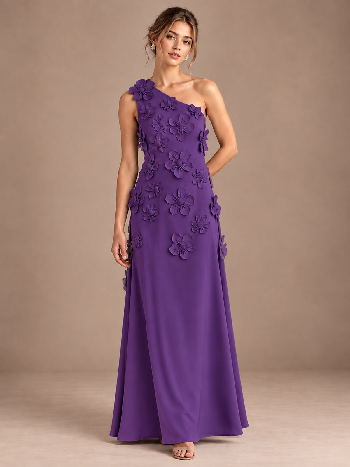 Purple- One Shoulder Satin Formal Maxi Dress with 3D Floral