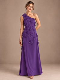 Purple- One Shoulder Satin Formal Maxi Dress with 3D Floral