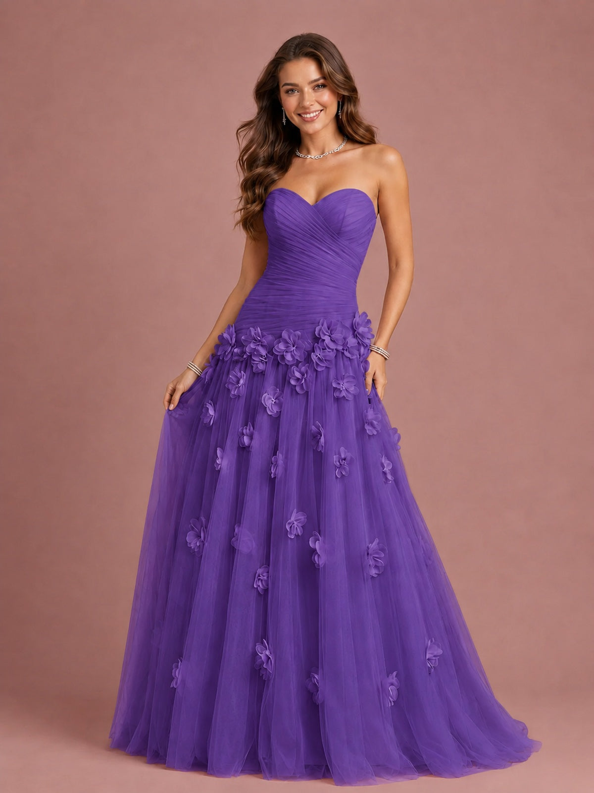 Blush Pink Strapless Sweetheart 3D Floral Tulle Ball Gown Prom Dres