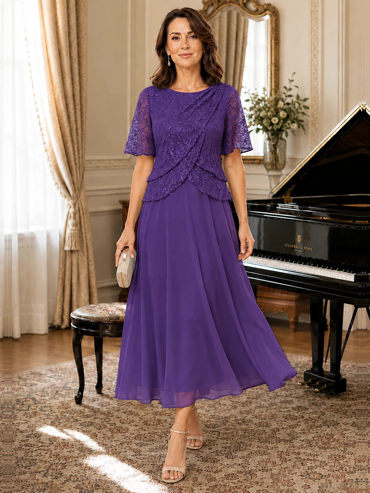 Tea-Length Chiffon Mother of the Bride Dress with Sequin Lace Sleeves
