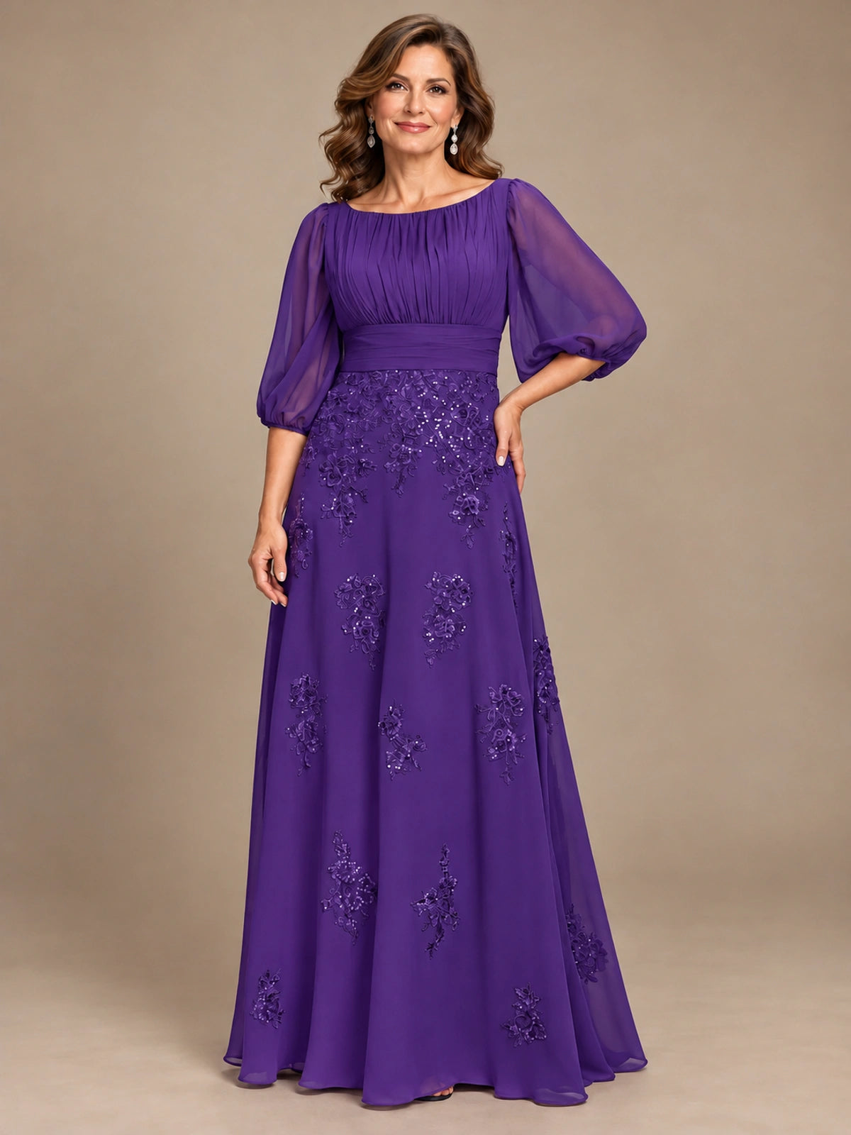 A-Line Mother of the Bride Dress with Sheer Puff Sleeves