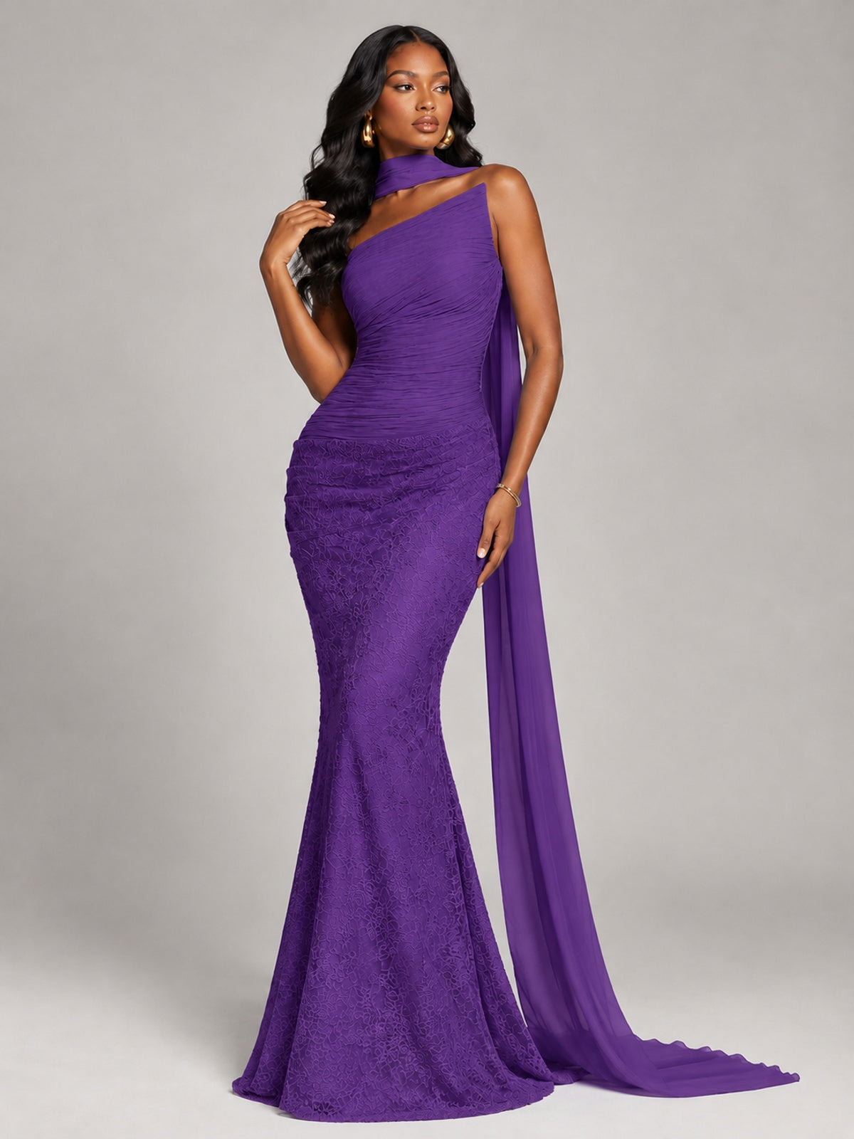 Pleated Chiffon Lace Prom Dresses Long Bodycon Mermaid with Scarf