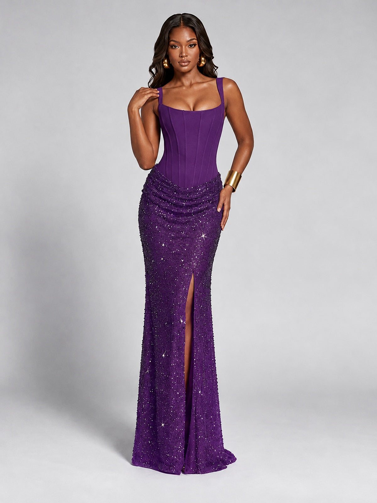 Sequin Corset Mermaid Prom Dress with Square Neck Wide Strap High Slit