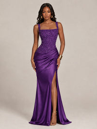 Scoop Neck Sequin Prom Dress with High Slit Satin Formal Gowns