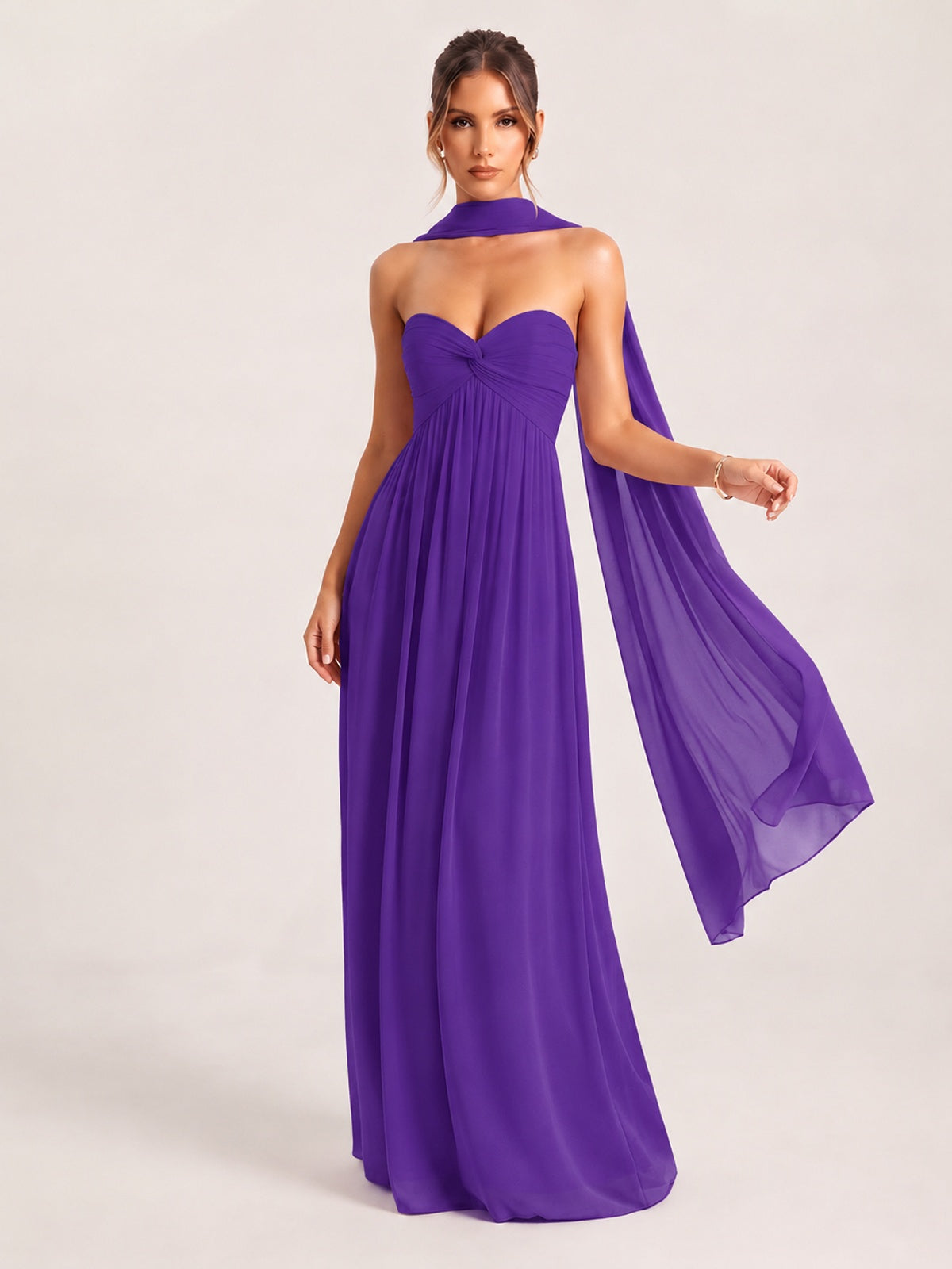 Purple Strapless Ruched Chiffon Long Prom Dress with Scarf A-line Sweetheart Ruffled Formal Wedding Guest Dress Evening Gown