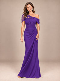 Purple-Lace One Shoulder Chiffon Ruched Mother of The Bride Dresses