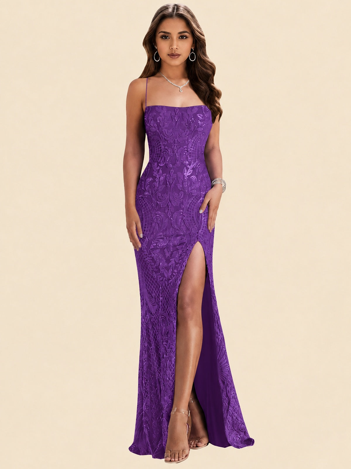 Sequin Lace Appliques Mermaid Prom Dress Spaghetti Strap Formal Gowns with Slit