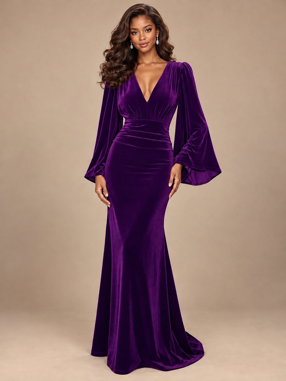 Burgundy Velvet Deep V-Neck Ruched Long Sleeve Maxi Dress