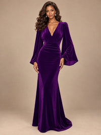 Burgundy Velvet Deep V-Neck Ruched Long Sleeve Maxi Dress