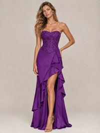 Strapless Lace Appliques Corset Satin Prom Dress Ruffle Slit Evening Gown