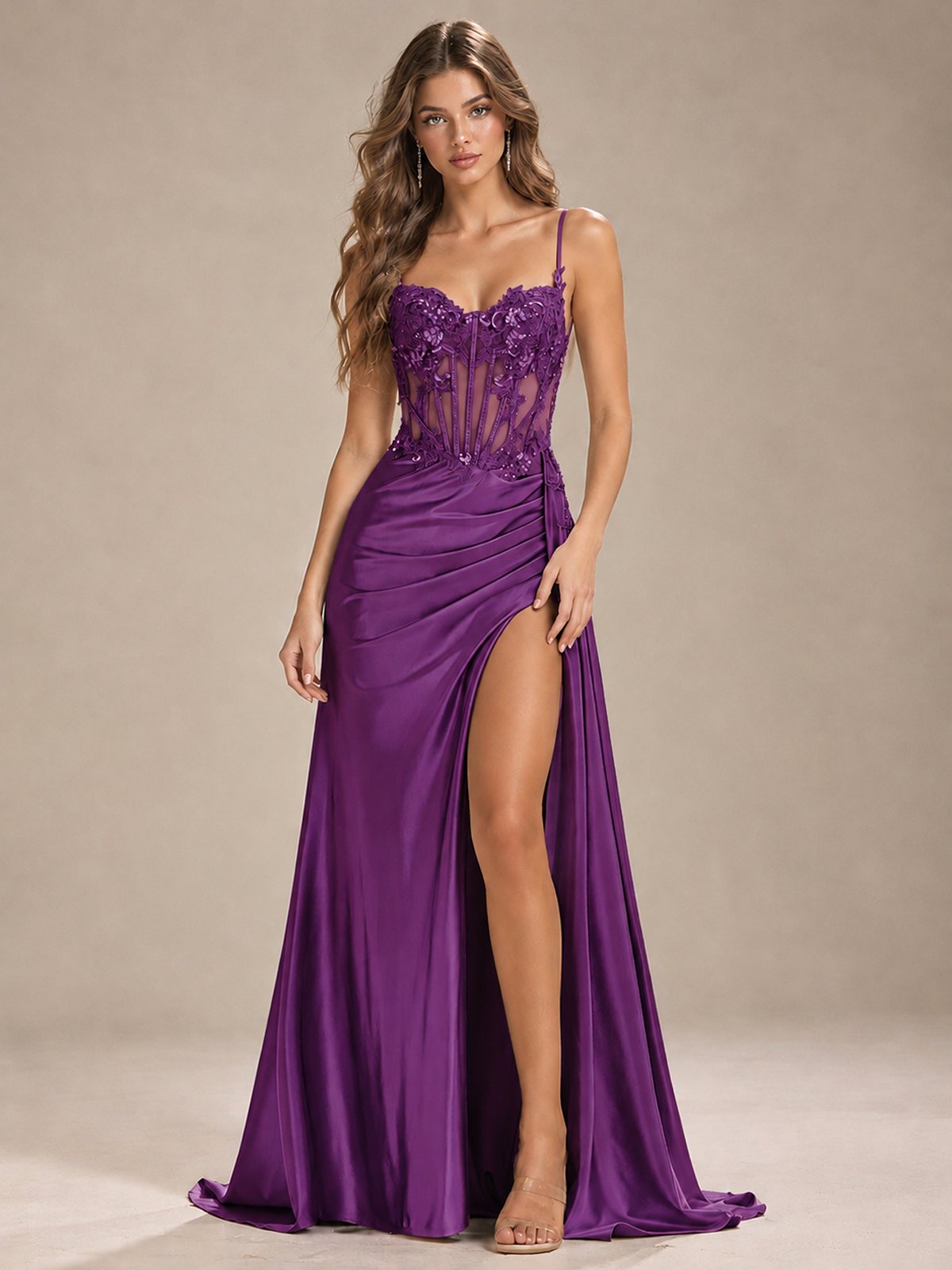 Mermaid Satin Prom Dress with Floral Appliqué Corset and High Slit