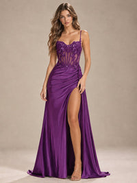 Mermaid Satin Prom Dress with Floral Appliqué Corset and High Slit