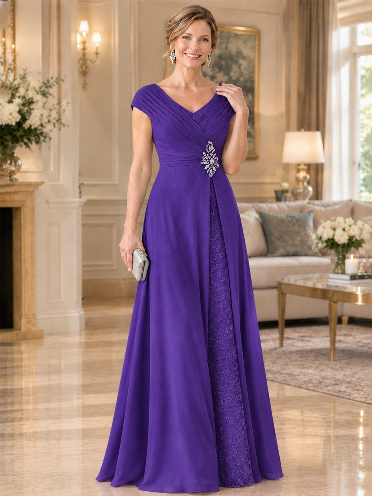 Pleated Chiffon Lace Mother of The Bride Dresses with Beading Cap Sleeves