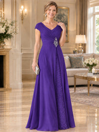 Pleated Chiffon Lace Mother of The Bride Dresses with Beading Cap Sleeves