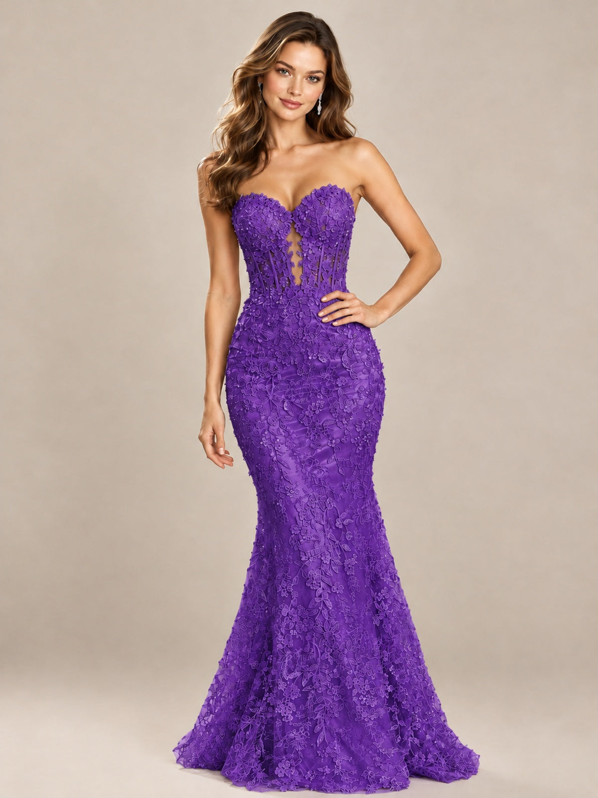 Strapless Corset Mermaid Prom Dress with Floral Lace Appliqué
