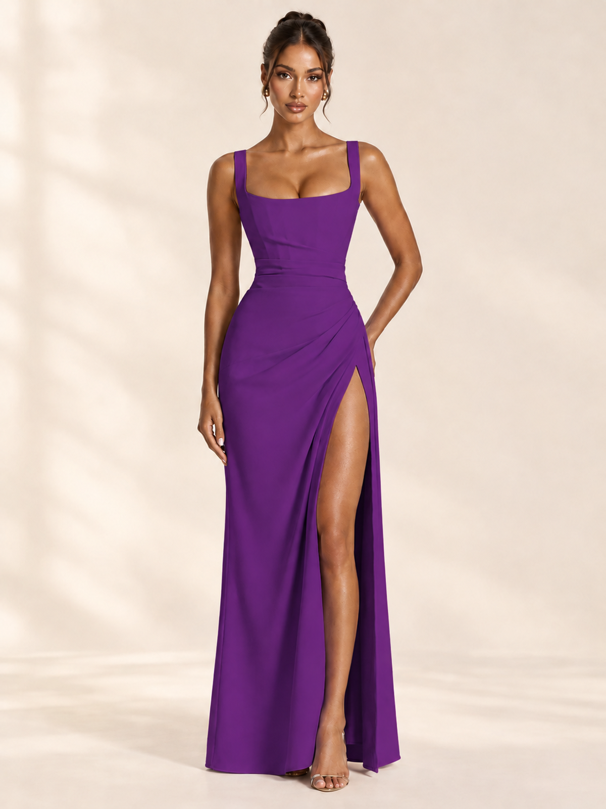 Square Neck Satin Sleeveless Ruched Prom Dress with High Slit
