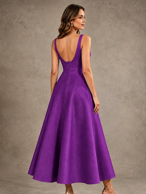 Tea-Length Satin Mother of the Bride Dress with 3D Flower Detail