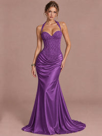 Purple Sparkling Halter Corset Satin Mermaid Prom Dress Long Ruched Sequin Formal Gown Evening Party Dress