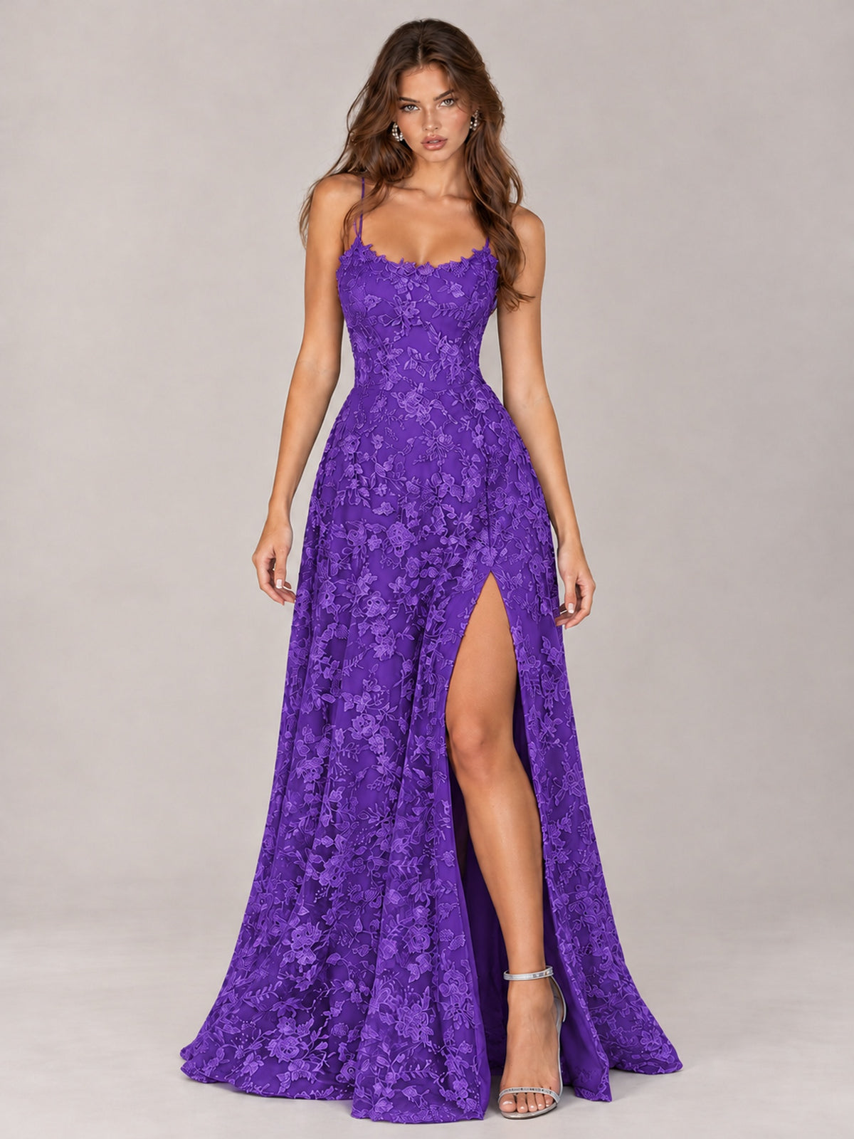 Floral Lace A-Line Prom Dress with Spaghetti Straps & High Slit