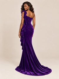 Black Velvet One-Shoulder Mermaid Evening Gown with Bow & Ruffles