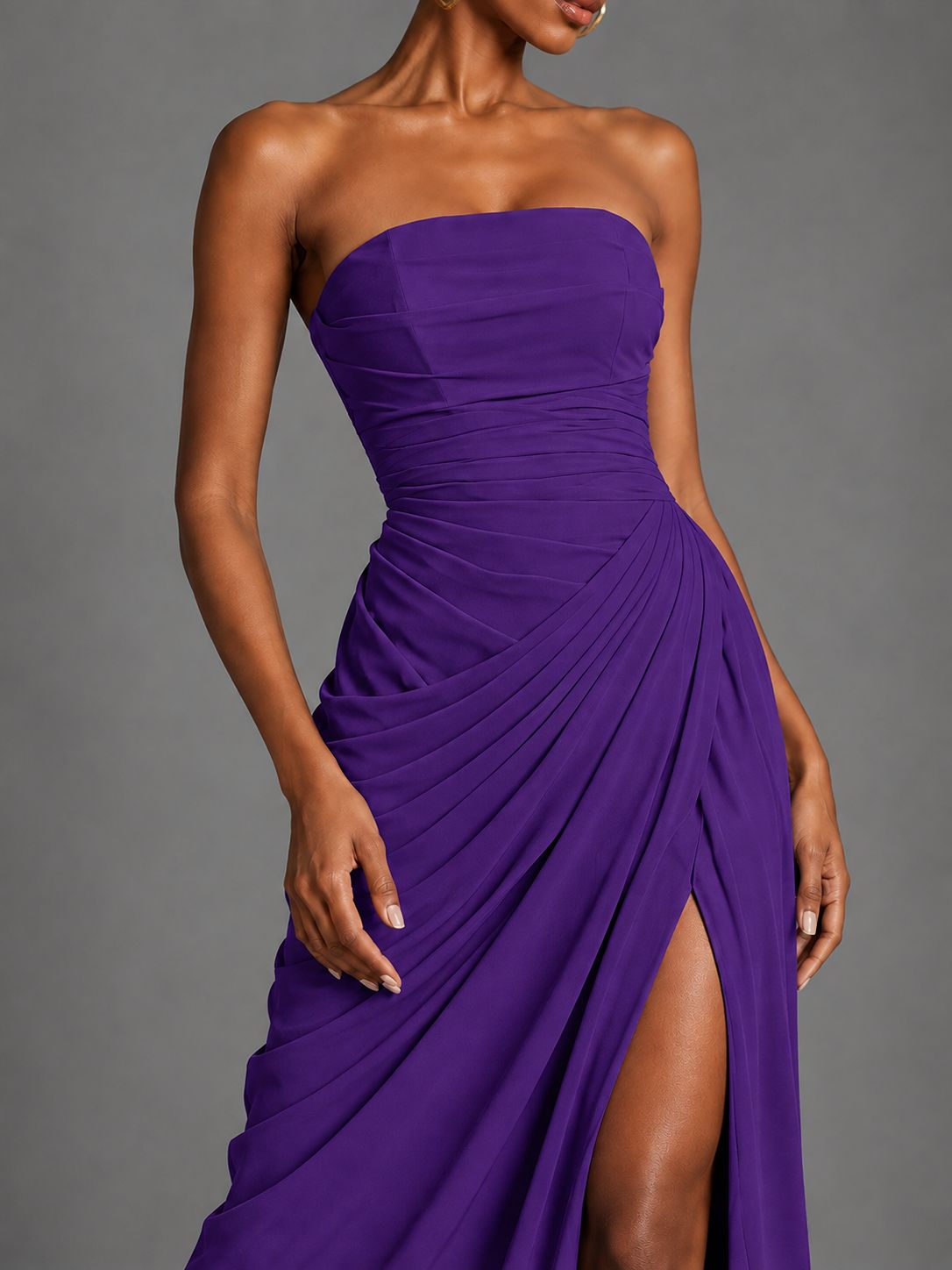 Strapless Bodycon Pleated Chiffon Formal Dress with Slit