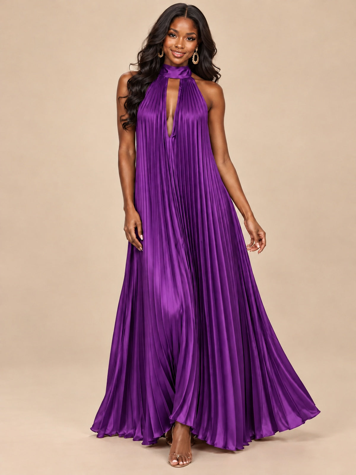 Rust Orange Pleated Halter Neck Maxi Dress