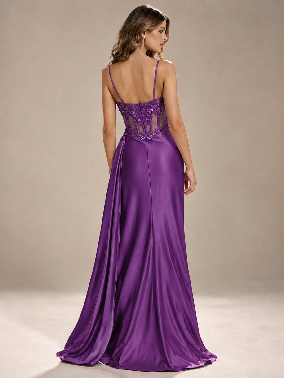 Mermaid Satin Prom Dress with Floral Appliqué Corset and High Slit