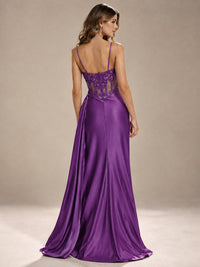 Mermaid Satin Prom Dress with Floral Appliqué Corset and High Slit