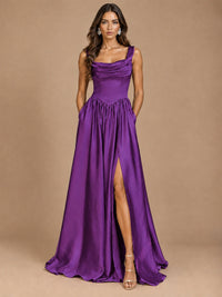 Cowl Neck Pleated Satin Prom Dress with Pockets & Slit Maxi Formal Gowns