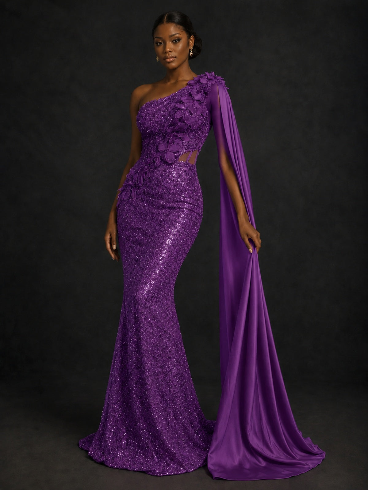 Gold Sequin One Shoulder Mermaid Prom Dress with Cape
