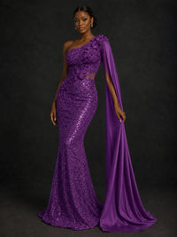 Gold Sequin One Shoulder Mermaid Prom Dress with Cape