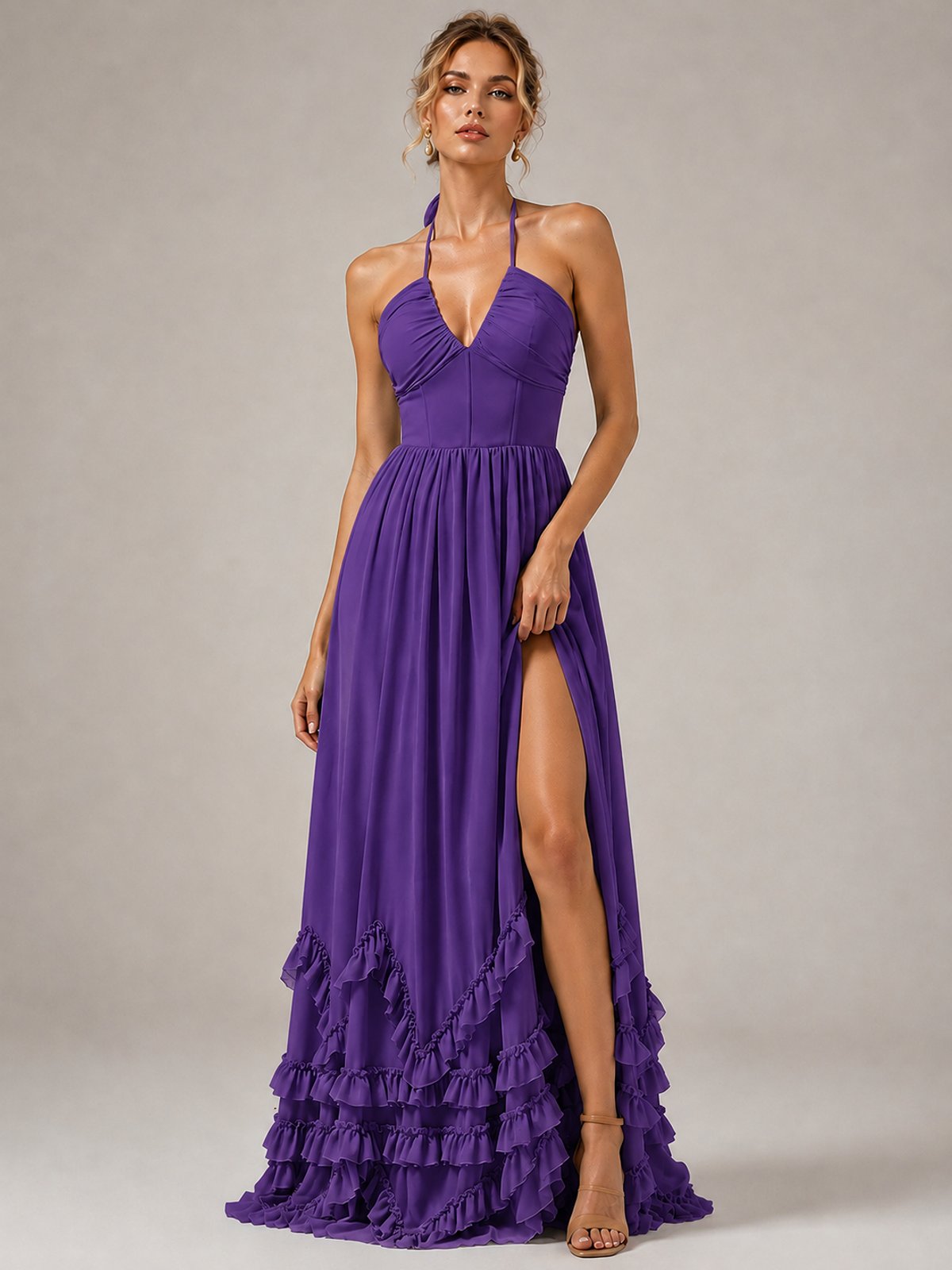 Halter V Neck Chiffon Formal Dress with Lace-Up Back and Ruffle Hem