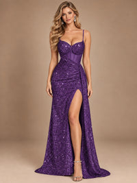 Burgundy Sequin Corset Prom Dress with High Slit