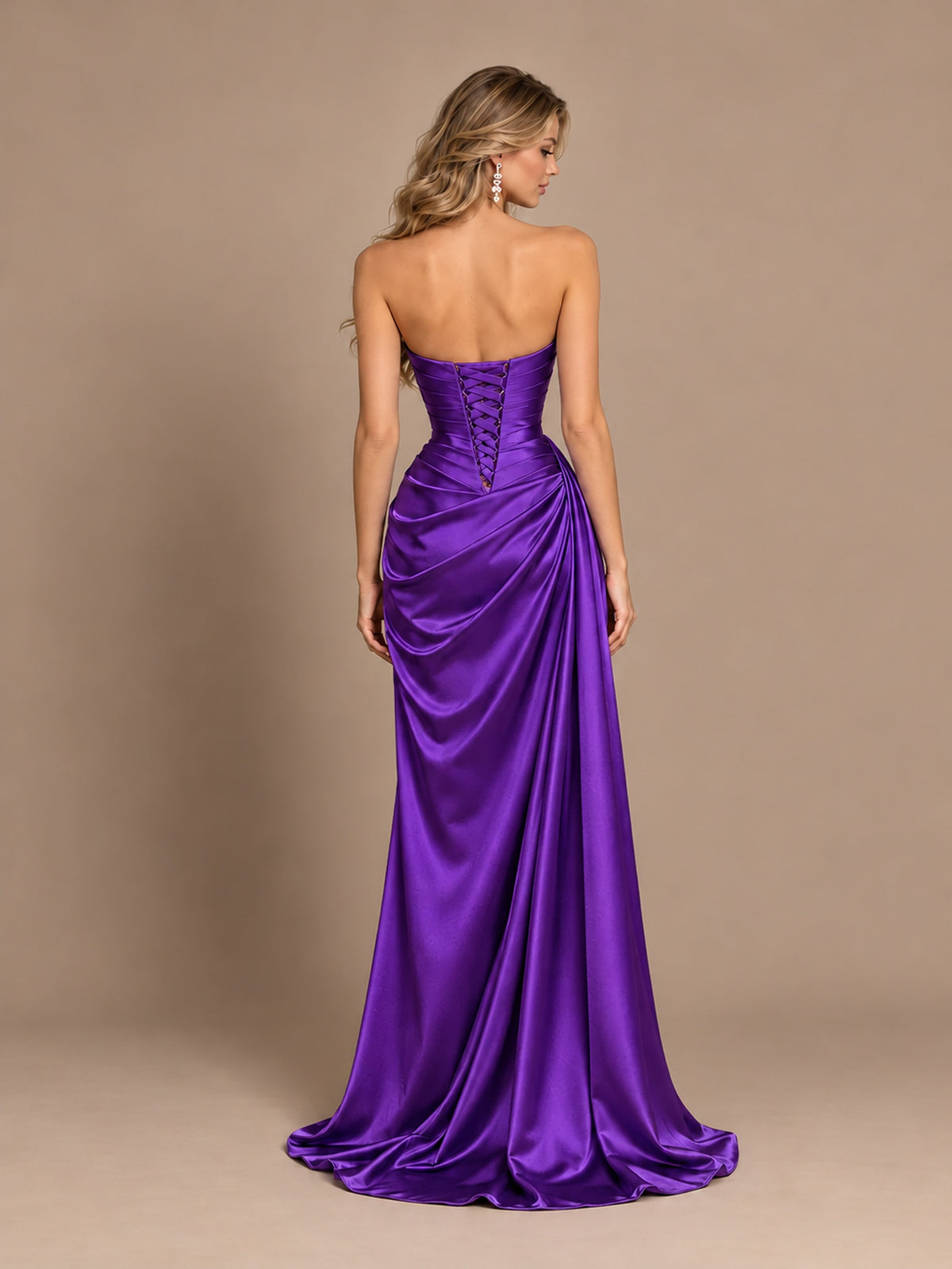 Dusty Blue Strapless Satin Prom Dress with Ruched Bodice and Slit