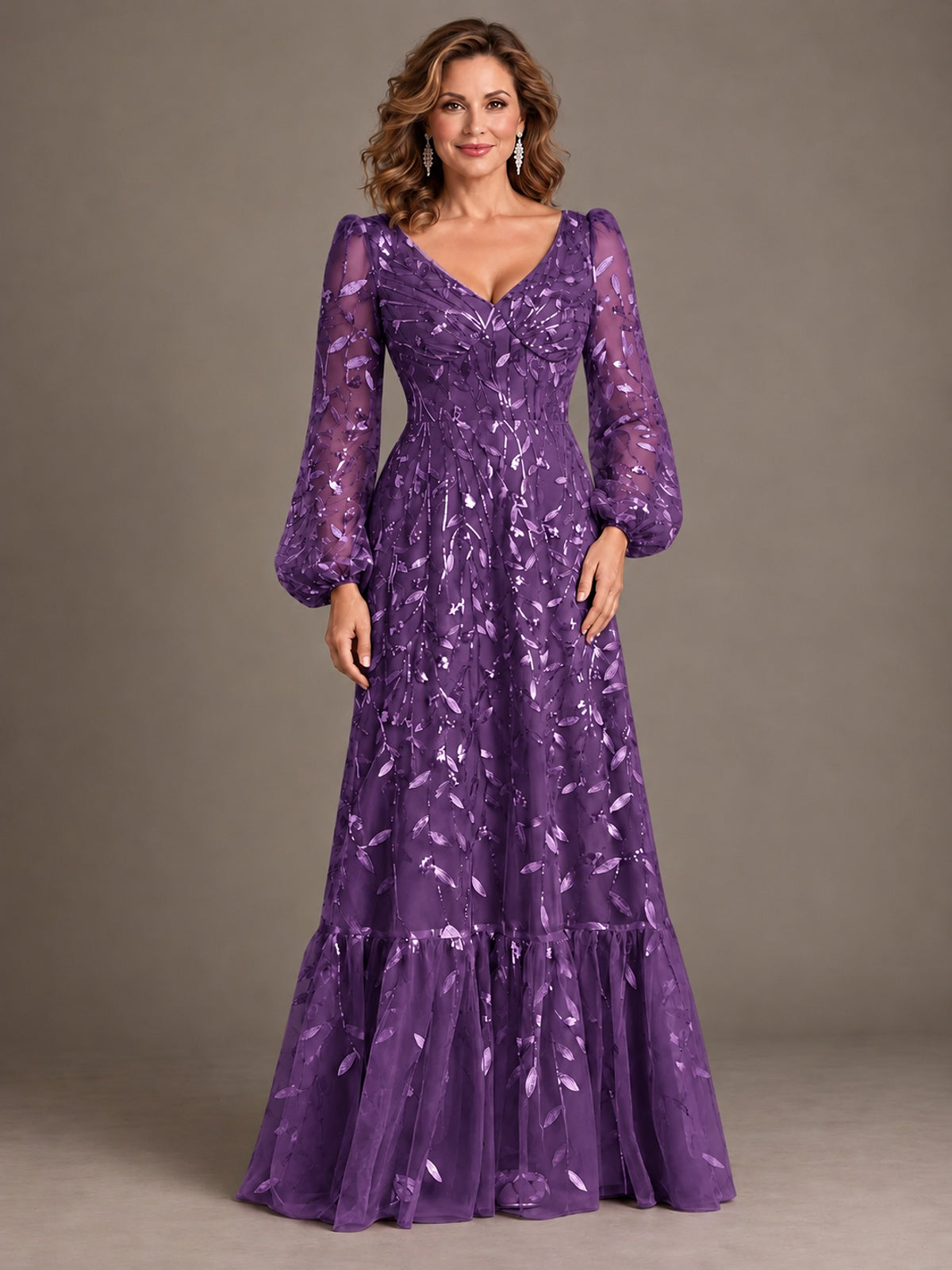 Floral Sequin Embroidered A-Line Mother of the Bride Dress with Long Sleeves