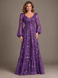 Floral Sequin Embroidered A-Line Mother of the Bride Dress with Long Sleeves