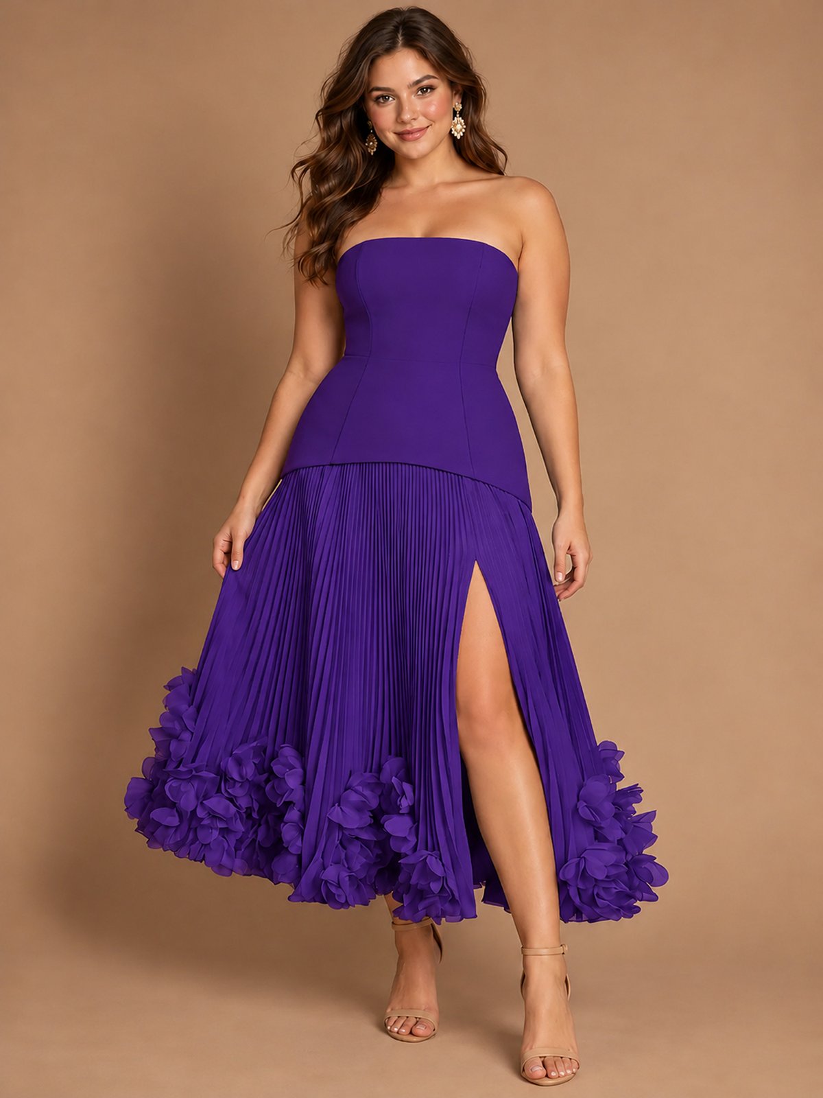 Navy Blue Strapless Pleated A-Line Midi Dress with 3D Floral Applique