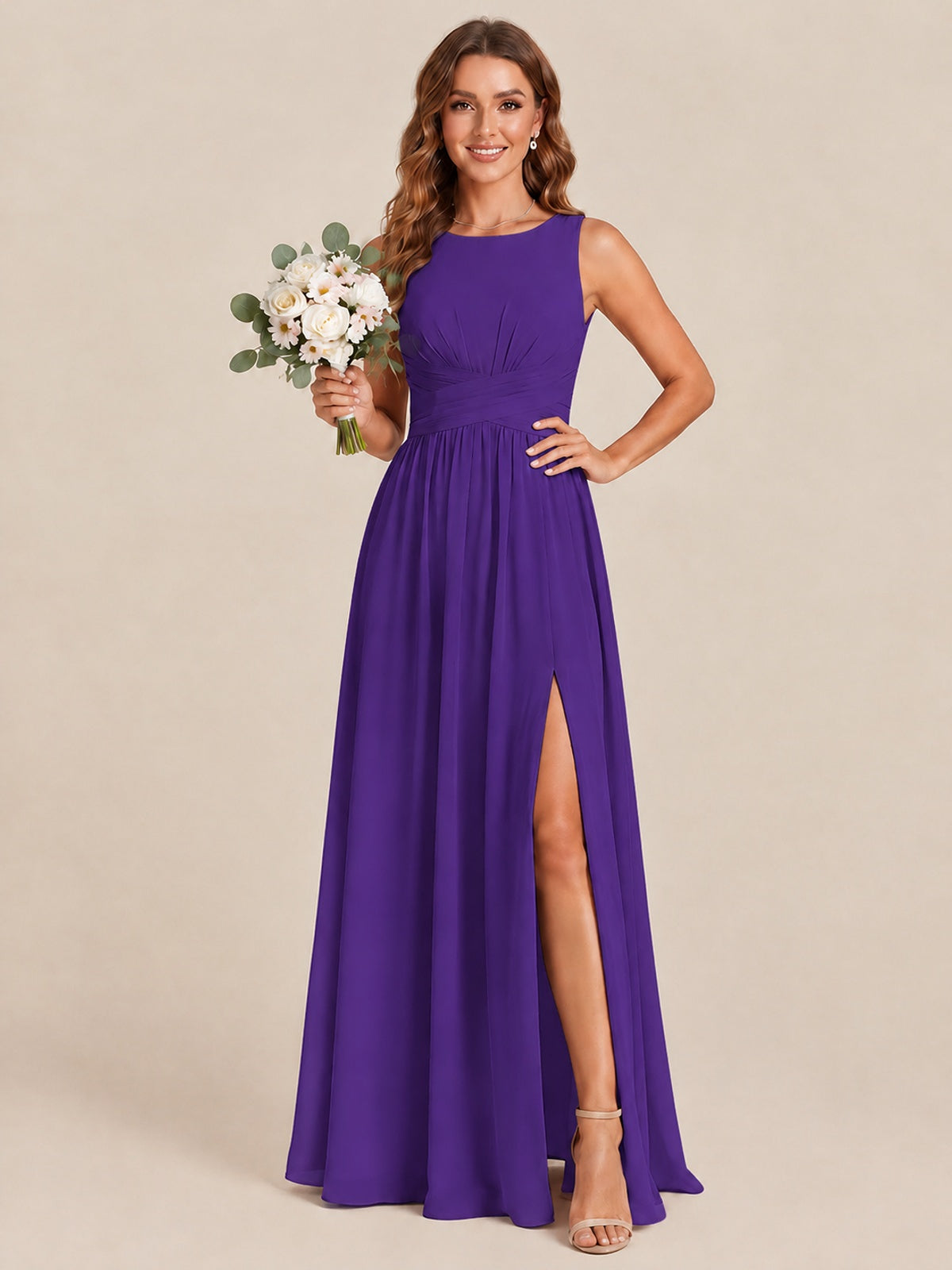 A-line Sleeveless Rucehd Chiffon Bridesmaid Dress with High Slit