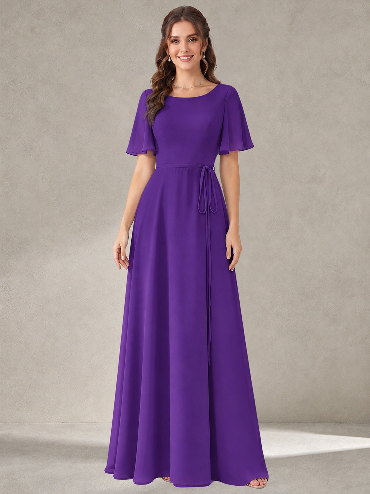 Purple Scoop Neck A-line Chiffon Bridesmaid Dress with Belt Flutter Sleeve Formal Wedding Guest Dress Evening Gown